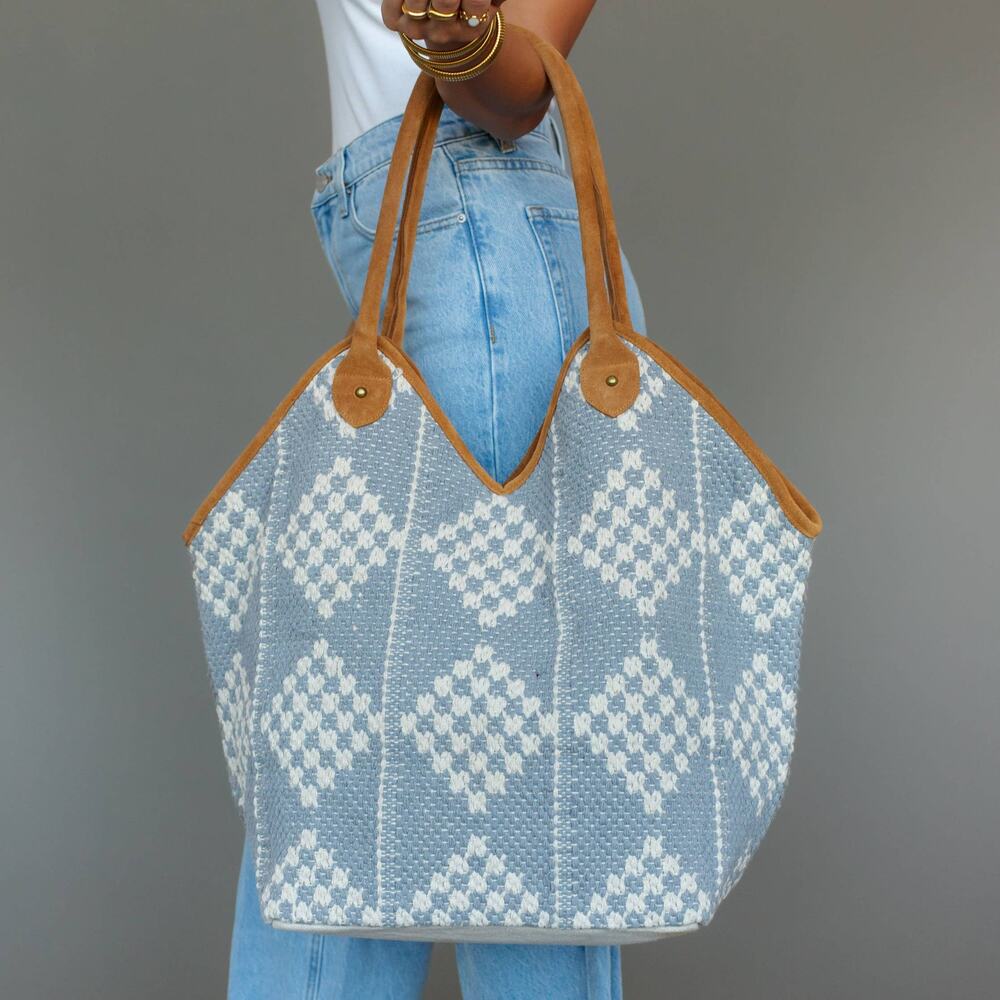 Gray Cream Diamond Woven Tote Bag